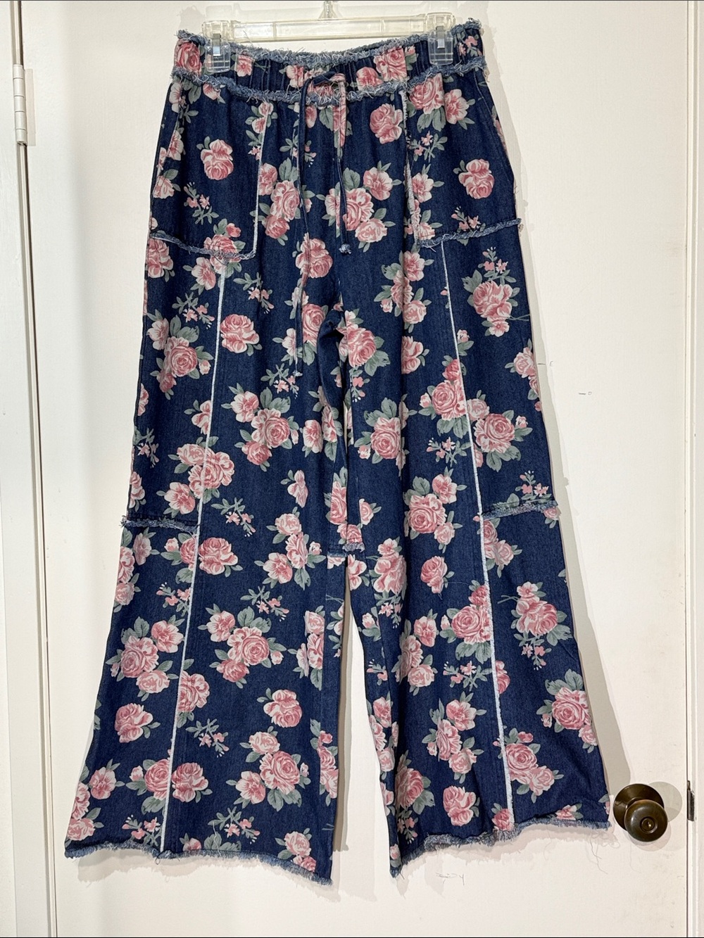 BiBi Denim  Navy Wide-Leg Floral Drawstring Pants